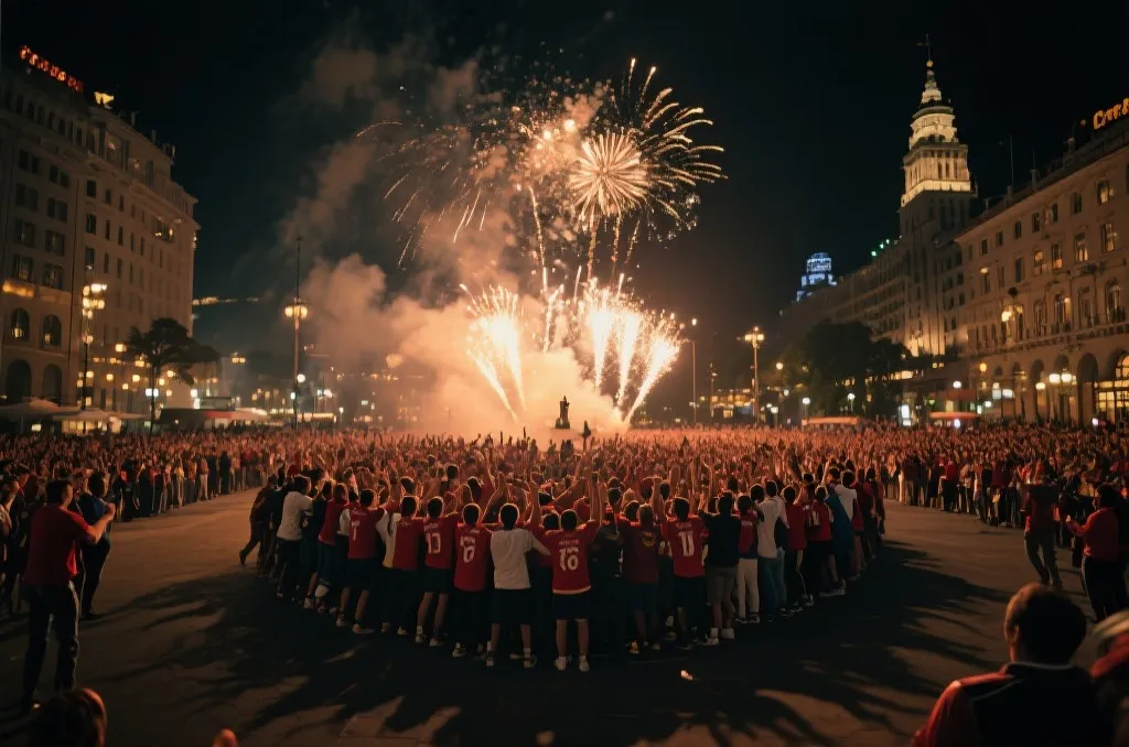 球迷在街头庆祝队史最佳战绩的热烈场景